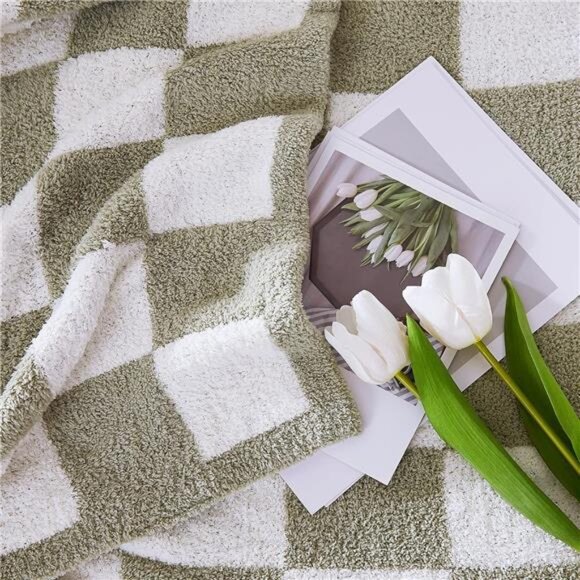 WRENSONGE Checkered Throw Blanket, Sage Green Microfiber Soft Cozy Fluffy Warm - Picture 4 of 7